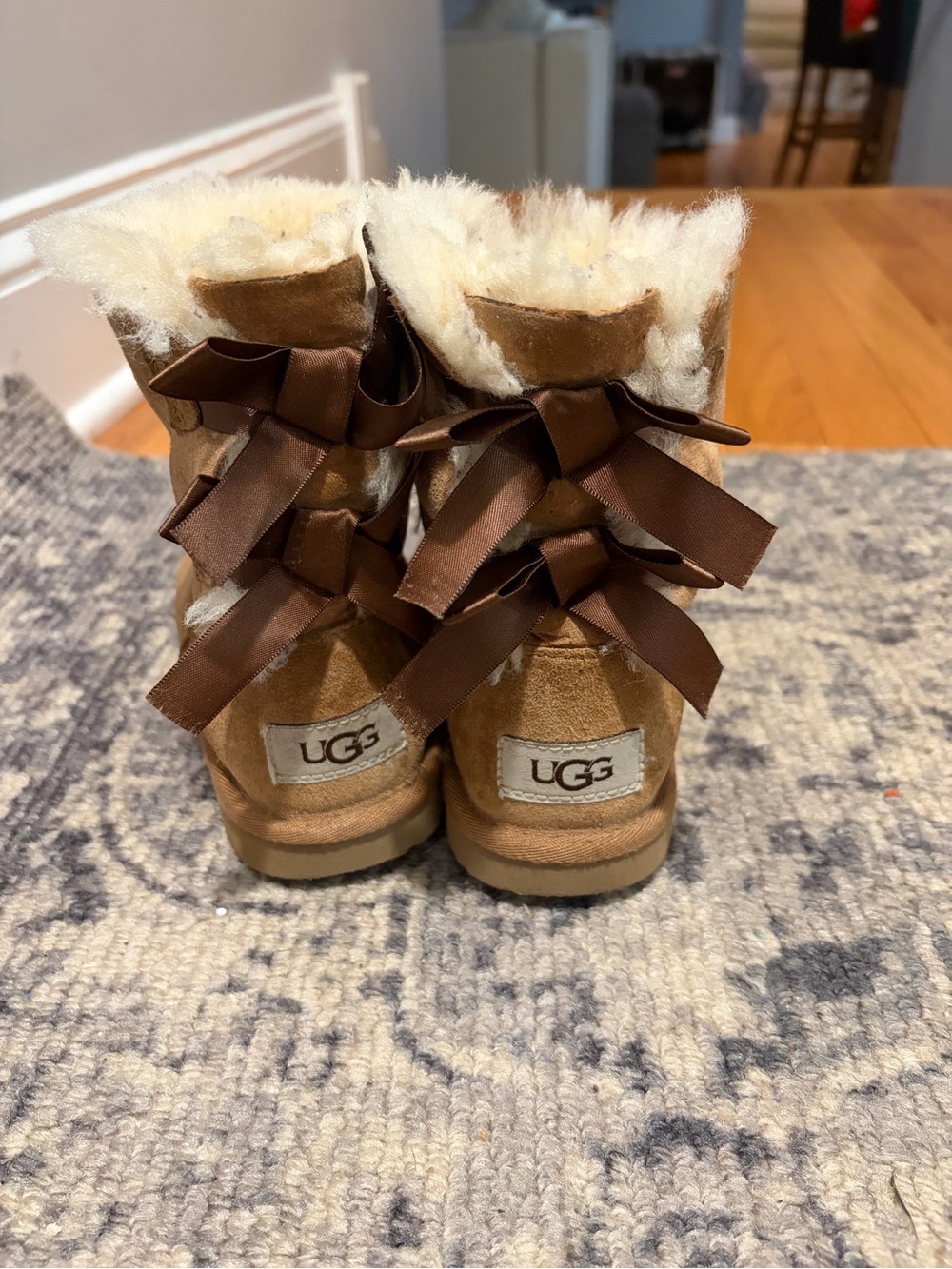 UGG Kids Chestnut Suede Boots with Brown Ribbon Bows
